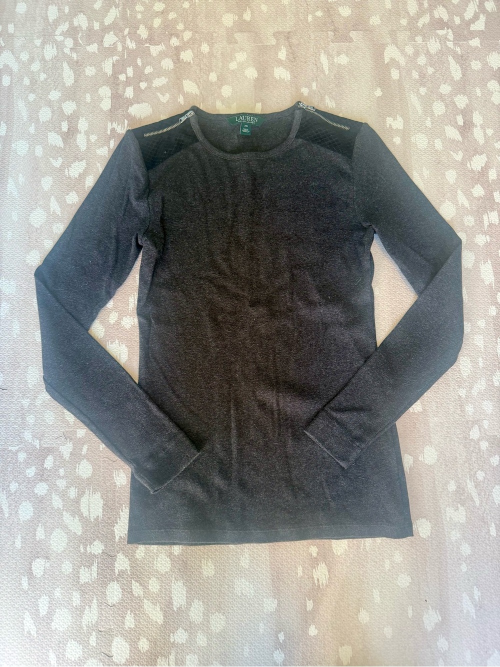Lauren Ralph Lauren Grey Long Sleeve Cotton Top with Zipper and Shoulder Detail
